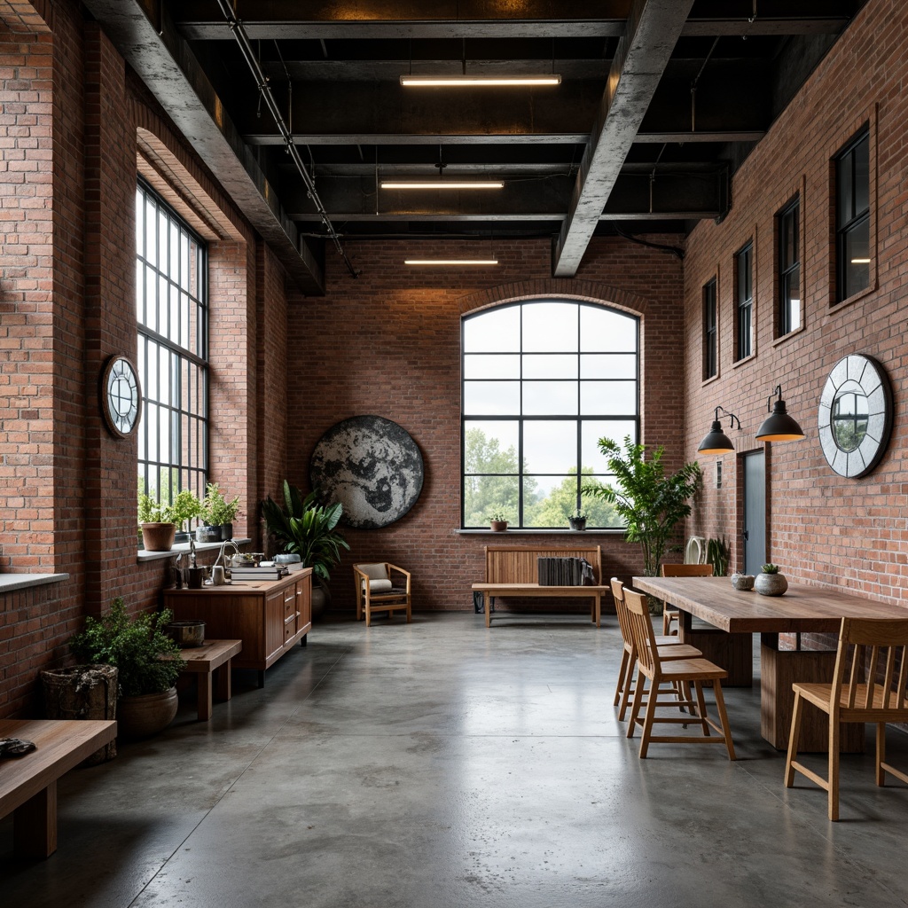 Prompt: Industrial factory setting, exposed brick walls, metal beams, concrete floors, minimalist decor, functional lighting, textured surfaces, distressed wood accents, rusty metal details, urban atmosphere, soft natural light, shallow depth of field, 1/1 composition, realistic materials, ambient occlusion.