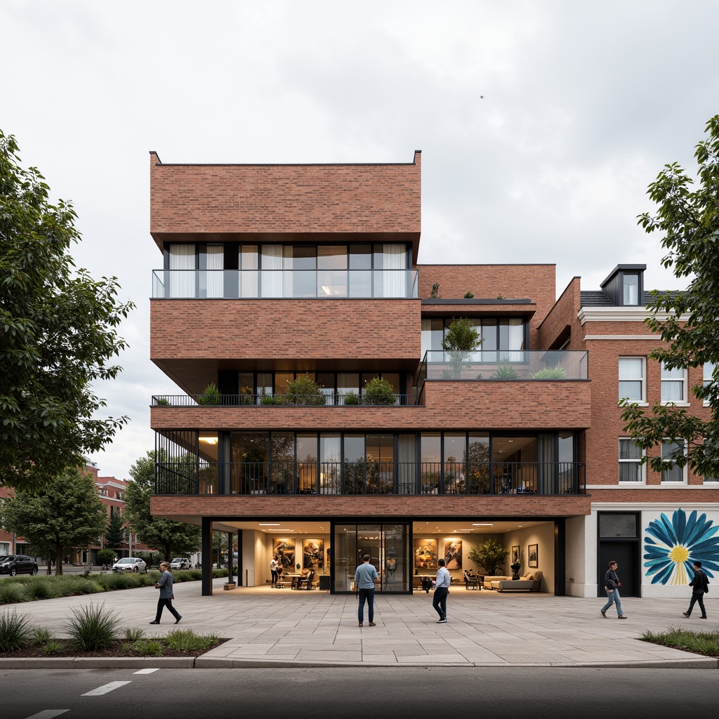 Prompt: Rustic community center, Bauhaus-inspired facade, rectangular forms, clean lines, industrial materials, exposed brick walls, steel beams, large windows, minimalist ornamentation, functional simplicity, earthy color palette, natural textures, communal outdoor spaces, vibrant street art, urban landscape, cloudy day, soft diffused lighting, shallow depth of field, 2/3 composition, realistic rendering.