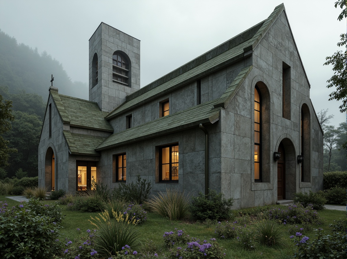 Prompt: Rugged brutalist church, raw concrete walls, angular lines, fortress-like structure, natural stone fa\u00e7ade, overgrown vegetation, wildflowers, moss-covered roofs, weathered wooden doors, stained glass windows, dramatic lighting, high ceilings, minimalist interior, sacred atmosphere, serene ambiance, misty morning, soft diffused light, 1/1 composition, symmetrical framing, realistic textures, ambient occlusion.