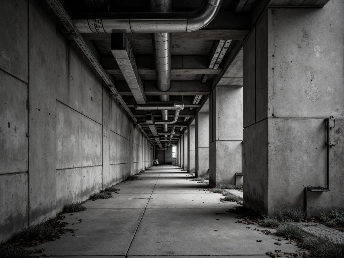 Prompt: Industrial concrete walls, exposed ductwork, metallic beams, urban cityscape, modern brutalist architecture, rough unfinished surfaces, monochromatic color palette, dramatic shadows, high contrast lighting, 1/2 composition, close-up shot, realistic textures, ambient occlusion.