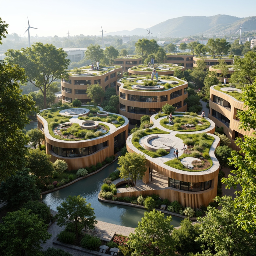 Prompt: Eco-friendly buildings, green roofs, solar panels, wind turbines, rainwater harvesting systems, natural ventilation, recycled materials, bamboo facades, living walls, organic gardens, serene water features, peaceful courtyards, minimal carbon footprint, sustainable design, energy-efficient systems, zero-waste policy, biophilic architecture, curved lines, earthy tones, abundant natural light, soft diffused lighting, shallow depth of field, 3/4 composition, panoramic view, realistic textures, ambient occlusion.