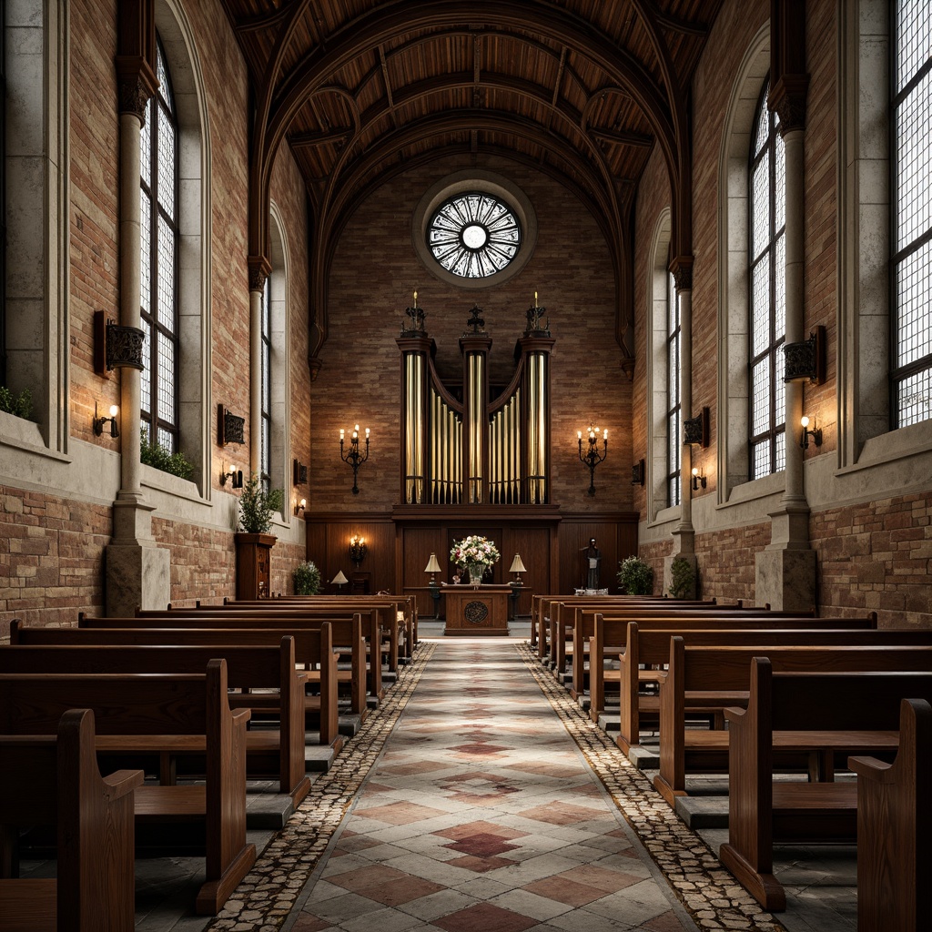 Prompt: Ancient stone walls, ornate wooden pews, stained glass windows, intricate marble floors, rustic brick arches, vaulted ceilings, grandiose pipe organs, luxurious velvet drapes, weathered copper roofs, distressed wood accents, smooth limestone columns, ornamental metalwork, mystical ambiance, warm soft lighting, high contrast ratio, dramatic shadows, 1/2 composition, symmetrical framing, realistic reflections, subtle ambient occlusion.