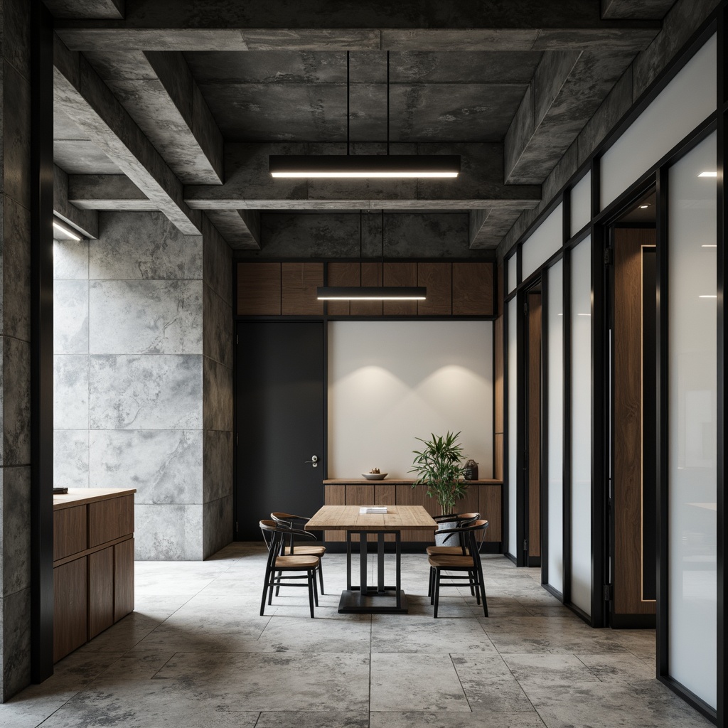 Prompt: Monochromatic interior, sleek lines, minimal ornamentation, industrial materials, exposed concrete walls, polished steel beams, reclaimed wood accents, matte black metal frames, frosted glass partitions, natural stone flooring, subtle texture variations, ambient soft lighting, shallow depth of field, 1/1 composition, realistic renderings, atmospheric perspective.