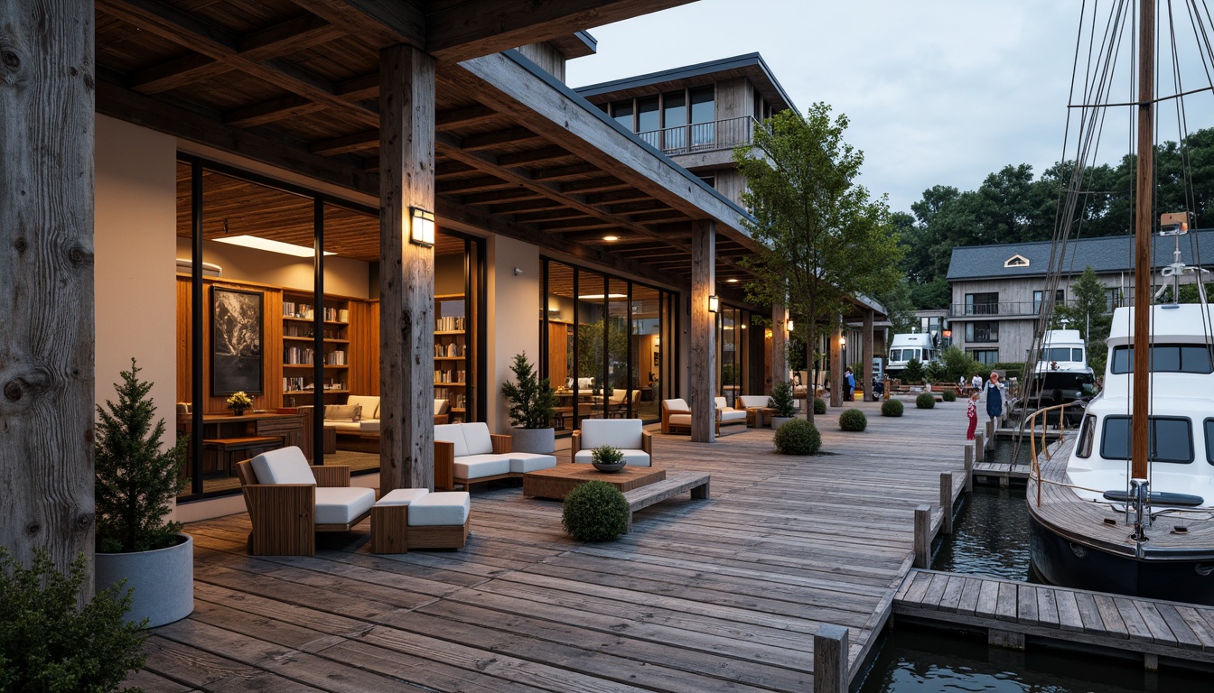 Prompt: Waterfront boathouse, rustic wooden dock, nautical ropes, sailboat masts, weathered wood accents, corrugated metal roofing, glass-enclosed observation deck, cantilevered upper floor, angular steel beams, industrial-style lighting fixtures, reclaimed wood interior, cozy reading nooks, plush furnishings, warm ambient lighting, shallow depth of field, 1/1 composition, realistic textures, soft focus effect.