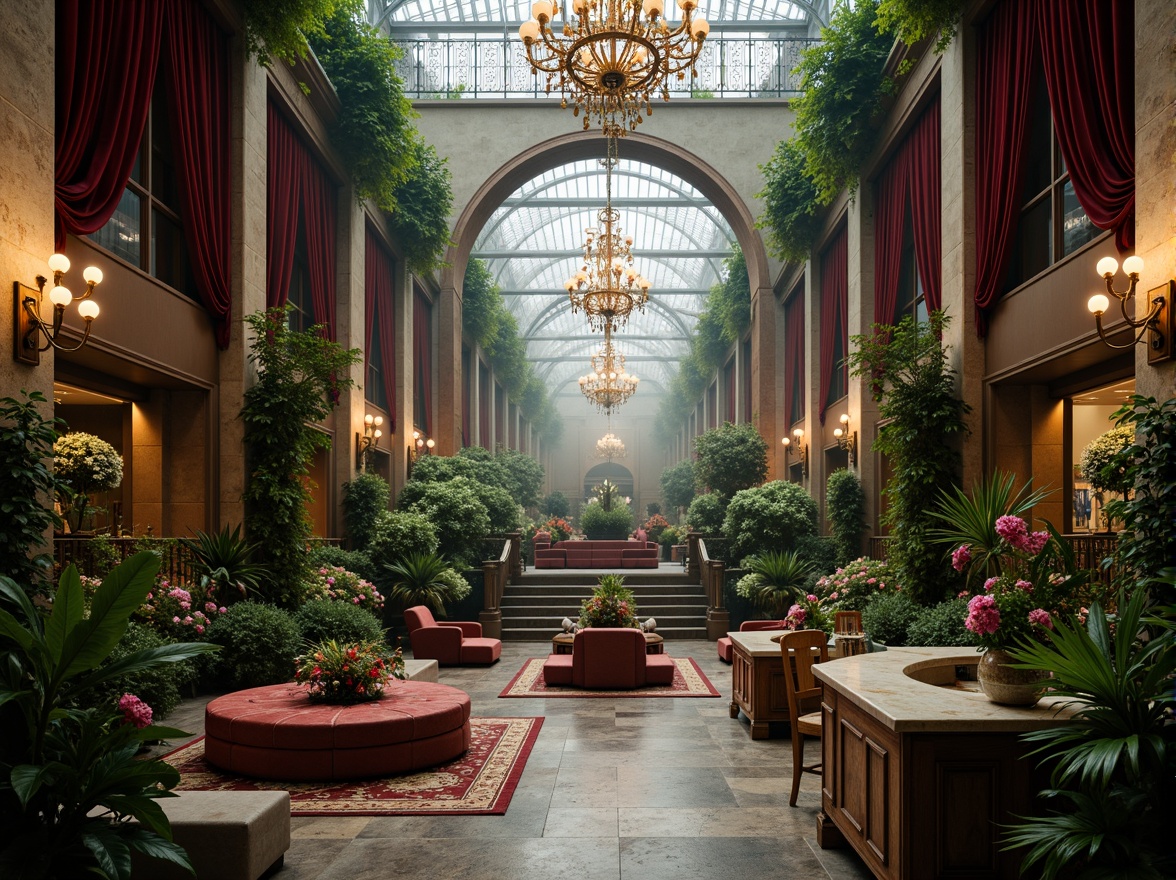 Prompt: Intricate ironwork, lush greenery, ornate chandeliers, grandiose archways, lavish furnishings, velvet drapes, gilded accents, marble countertops, crystal glassware, exotic flowers, tropical plants, misty atmosphere, soft warm lighting, shallow depth of field, 1/1 composition, realistic textures, ambient occlusion, luxurious ambiance, opulent decor, Baroque-inspired patterns, intricate carvings, ornate mirrors, grand staircase.