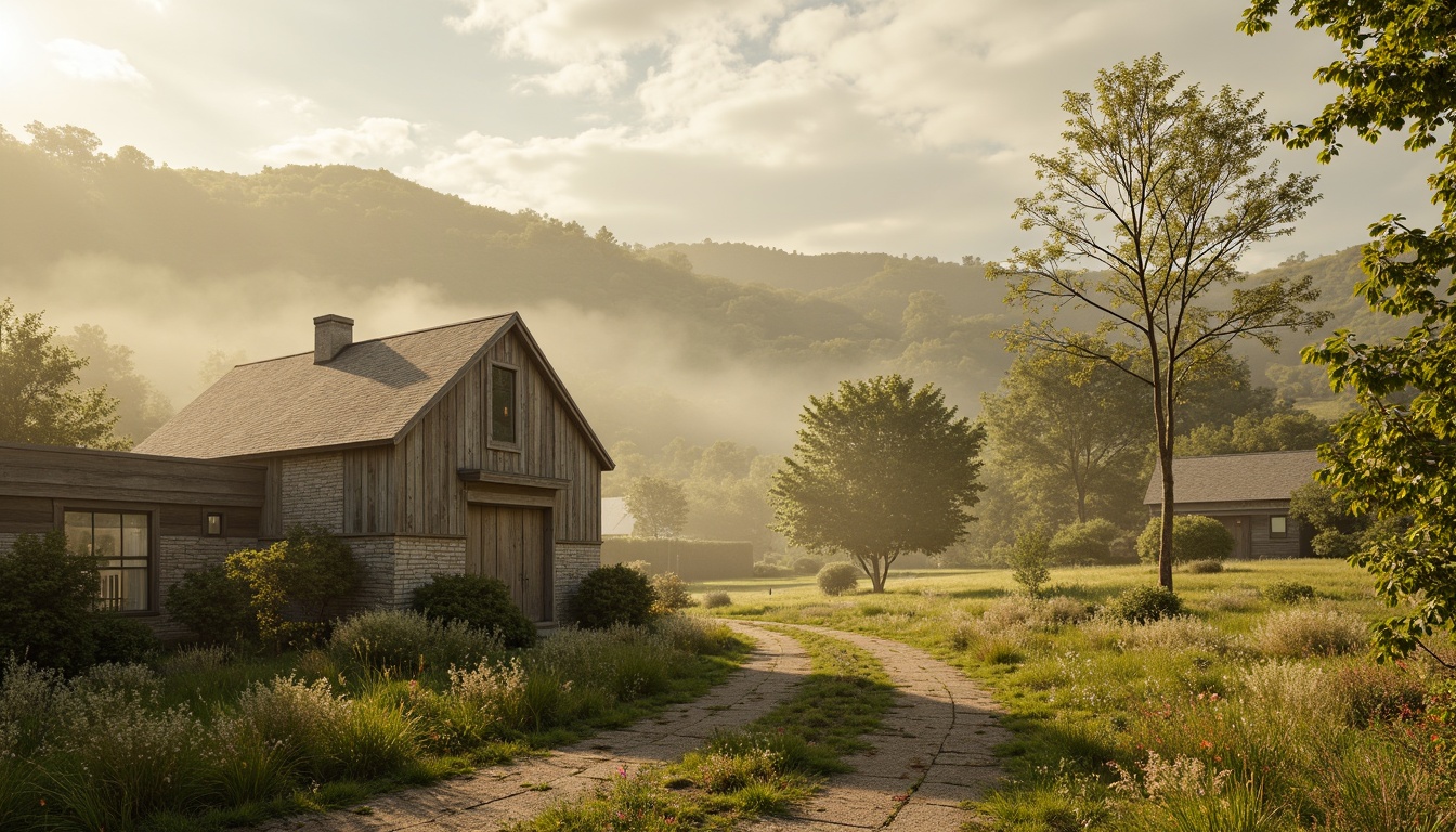 Prompt: Rustic rural landscape, earthy tones, warm beige, soft sage, mossy green, weathered wood textures, vintage metal accents, distressed stone walls, wildflower fields, rolling hills, serene countryside, misty morning light, soft focus, shallow depth of field, 1/2 composition, naturalistic colors, organic shapes, whimsical patterns.