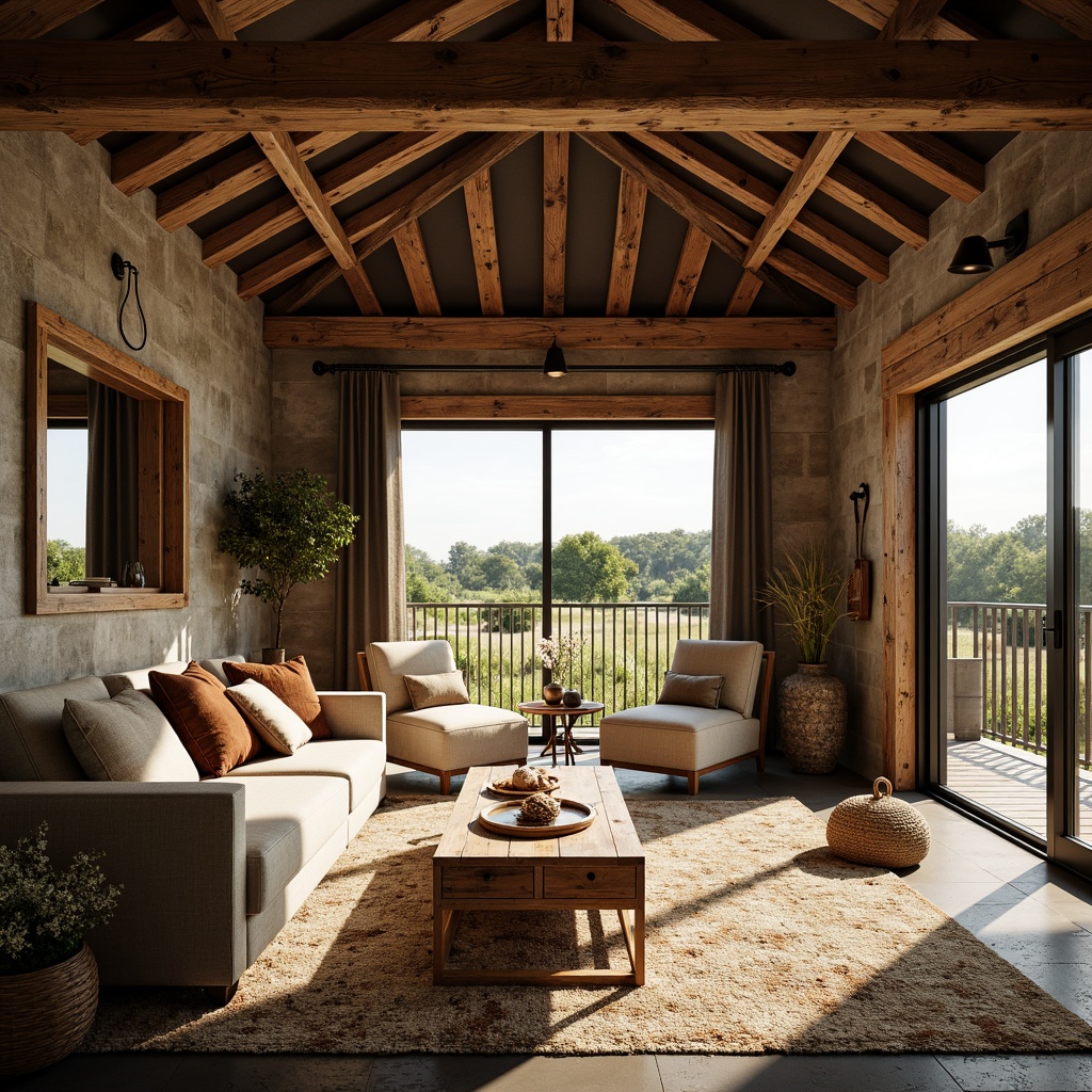 Prompt: Rustic barn, reclaimed wood accents, vintage farm tools, natural stone walls, earthy color palette, exposed wooden beams, large windows, sliding glass doors, lush greenery, wildflowers, sunny day, soft warm lighting, shallow depth of field, 3/4 composition, panoramic view, realistic textures, ambient occlusion, open floor plan, minimal ornamentation, distressed metal decor, woven textiles, natural fabrics, cozy nooks, plush furnishings, rustic-chic atmosphere.