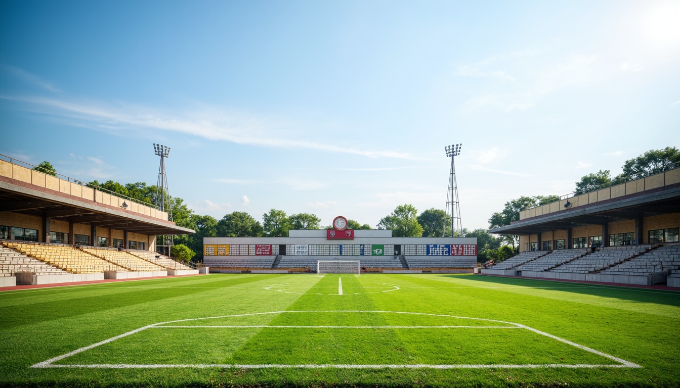 Prompt: Minimalist sports fields, lush green grass, subtle earthy tones, weathered wood bleachers, sleek metal goalposts, clean white lines, vibrant team colors, bold typography, natural stone pathways, rustic chain-link fences, clear blue skies, warm sunny days, soft diffused lighting, shallow depth of field, 3/4 composition, panoramic view, realistic textures, ambient occlusion.