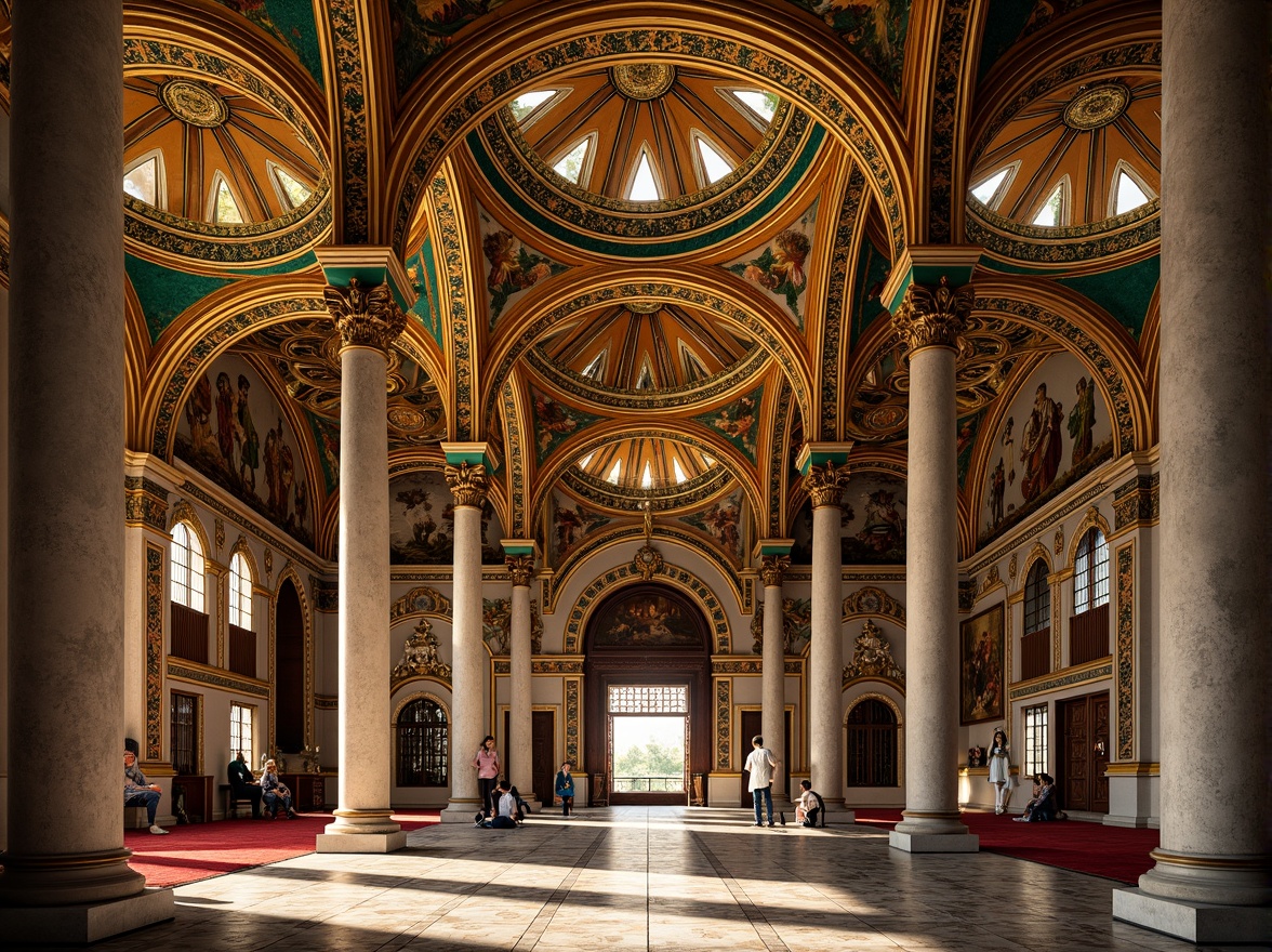 Prompt: Richly ornate Byzantine architecture, warm golden domes, intricate mosaics, vibrant turquoise accents, rich crimson reds, deep blues, luxurious emerald greens, ornate marble columns, gilded details, lavish frescoes, ornate patterns, mystical ambiance, soft warm lighting, shallow depth of field, 1/1 composition, realistic textures, ambient occlusion.