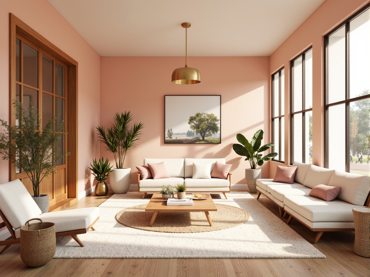 Prompt: Vibrant modern interior, pastel color scheme, soft peach tones, creamy whites, rich wood accents, metallic gold fixtures, natural textiles, plush area rugs, floor-to-ceiling windows, abundant sunlight, warm cozy ambiance, 1/1 composition, shallow depth of field, realistic renderings, ambient occlusion.