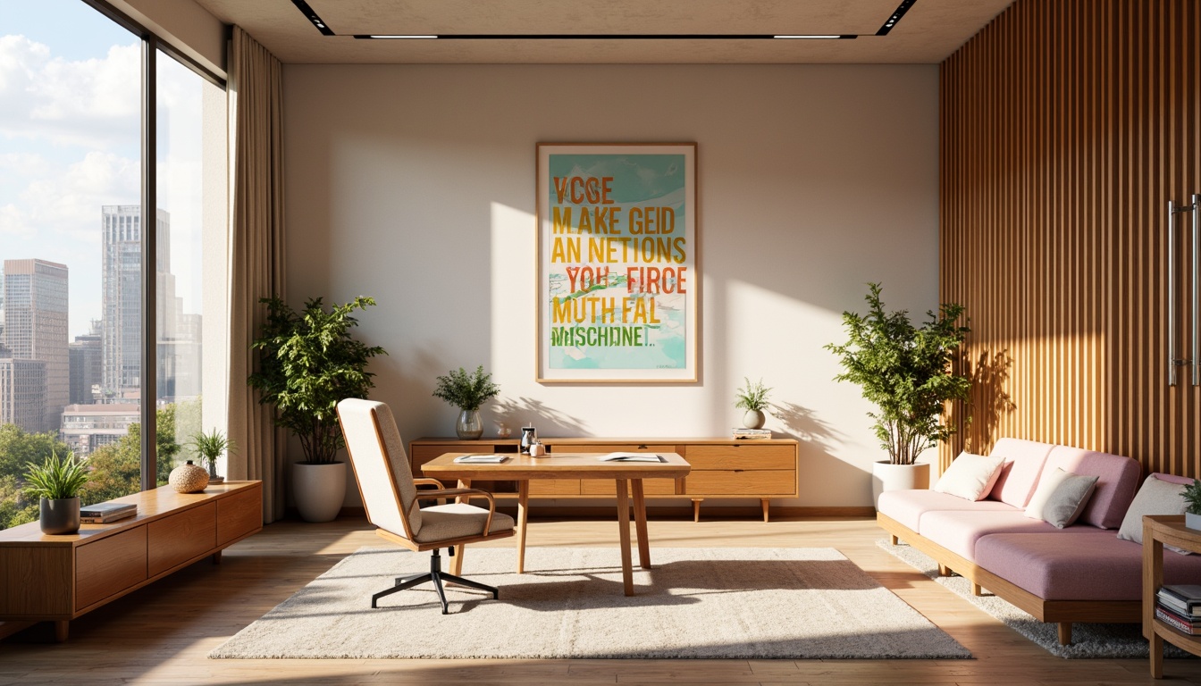 Prompt: Vibrant design studio, modern minimalist interior, sleek wooden desk, ergonomic chair, colorful artwork, inspirational quotes, natural light pouring in, large windows, urban cityscape view, warm beige walls, rich brown furniture, pastel pink accents, creamy white textures, bold typography, geometric patterns, 3/4 composition, shallow depth of field, soft warm lighting, realistic shadows.