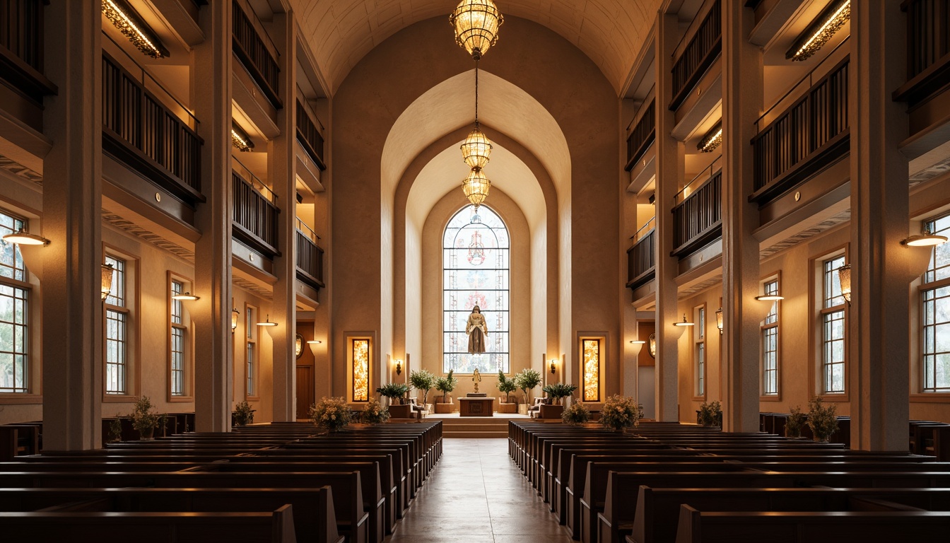 Prompt: Elegant worship hall, high ceilings, grand chandeliers, soft warm lighting, subtle color temperature, ambient illumination, LED strip lights, minimalist fixtures, sacred symbols, intricate stone carvings, stained glass windows, natural light pouring in, dramatic shadows, 1/1 composition, symmetrical framing, realistic textures, atmospheric rendering.