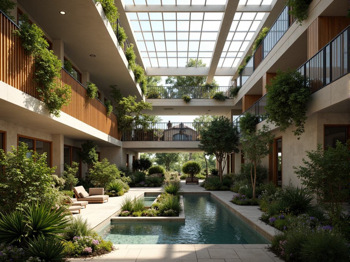 Prompt: Vibrant atrium, lush greenery, natural stone walls, wooden accents, clerestory windows, skylights, solar tubes, reflective surfaces, minimalist decor, open floor plans, airy spaces, soft warm lighting, gentle shadows, 1/1 composition, shallow depth of field, realistic textures, ambient occlusion, morning light, afternoon sunbeams, evening twilight, subtle color palette.