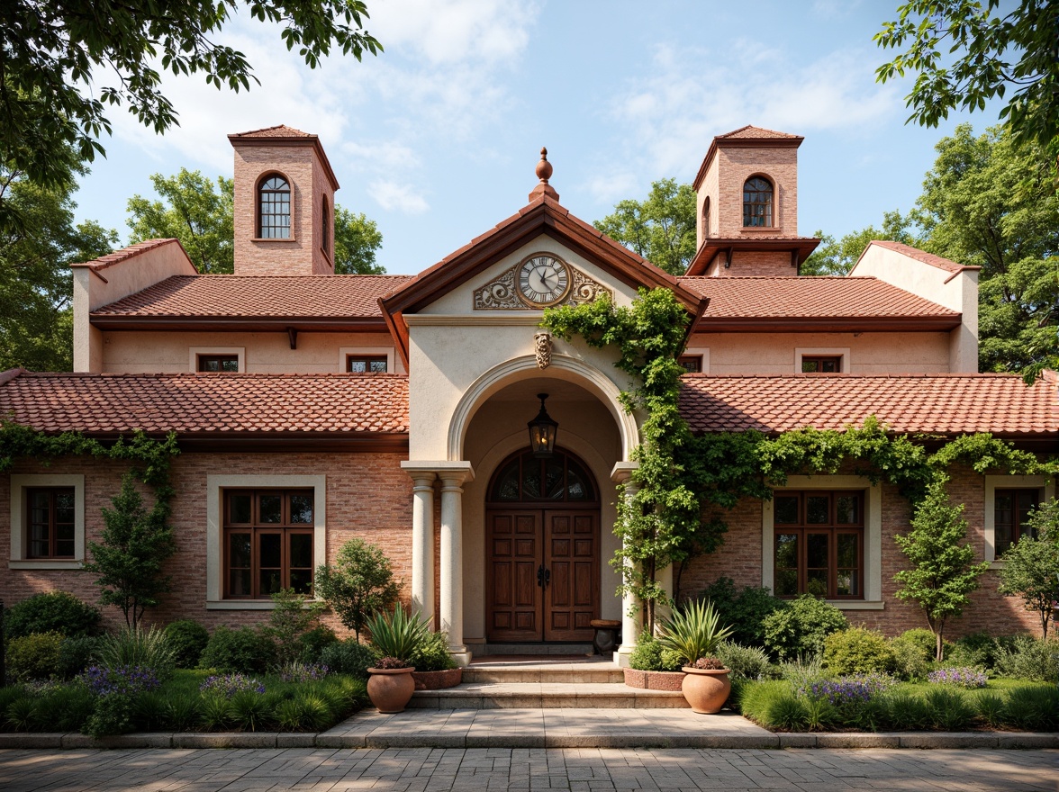 Prompt: Rustic red-tiled roofs, ornate stone carvings, grand entrance archways, sturdy brick walls, vibrant greenery, lush ivy climbers, wooden shutters, decorative ironwork, classic clock towers, symmetrical fa\u00e7ades, warm earthy tones, soft natural lighting, shallow depth of field, 1/1 composition, realistic textures, ambient occlusion.