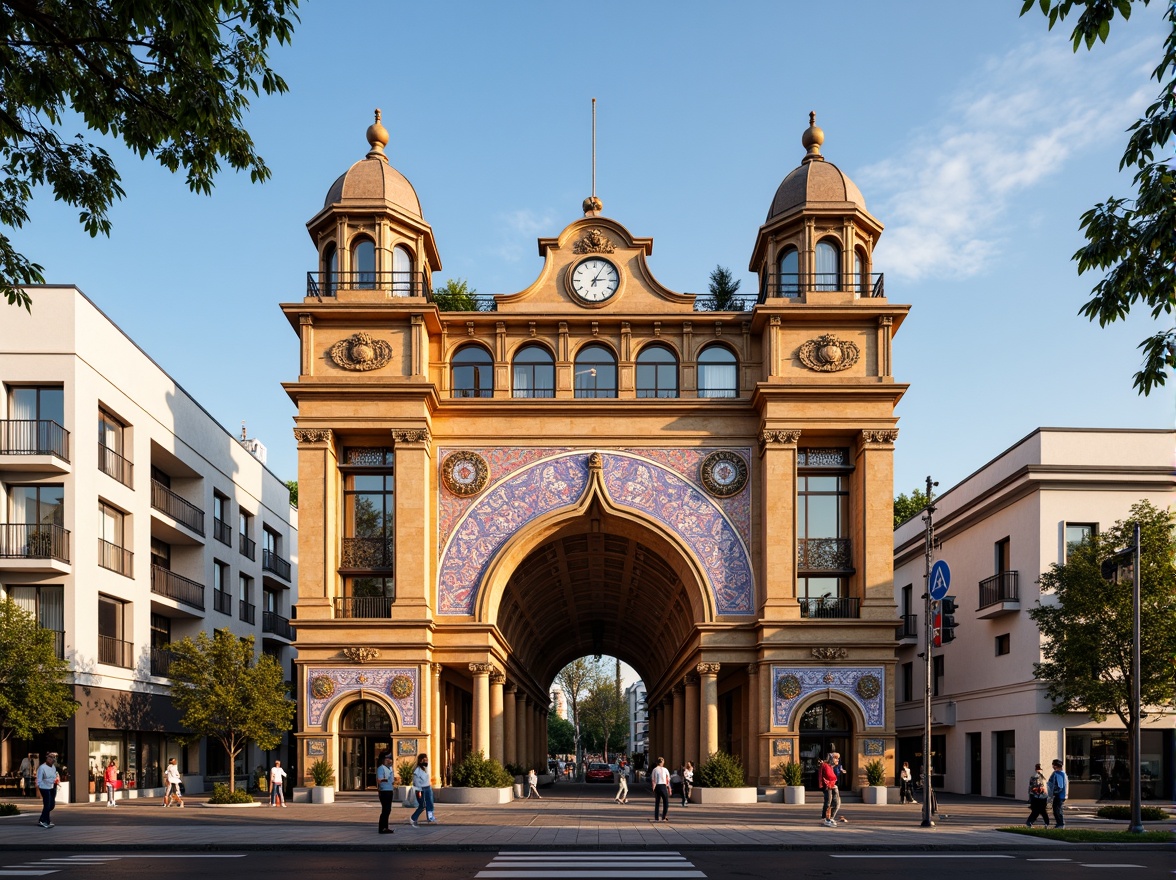 Prompt: Vibrant eclectic fa\u00e7ade, ornate decorations, grand entrance, sweeping arches, intricate moldings, colorful mosaics, patterned tiles, ornamental columns, imposing clock towers, majestic domes, dynamic angular lines, bold geometric shapes, contrasting materials, rich textures, warm golden lighting, shallow depth of field, 1/1 composition, realistic reflections, ambient occlusion, bustling urban surroundings, lively street scenes, pedestrian traffic, civic monuments, national flags.