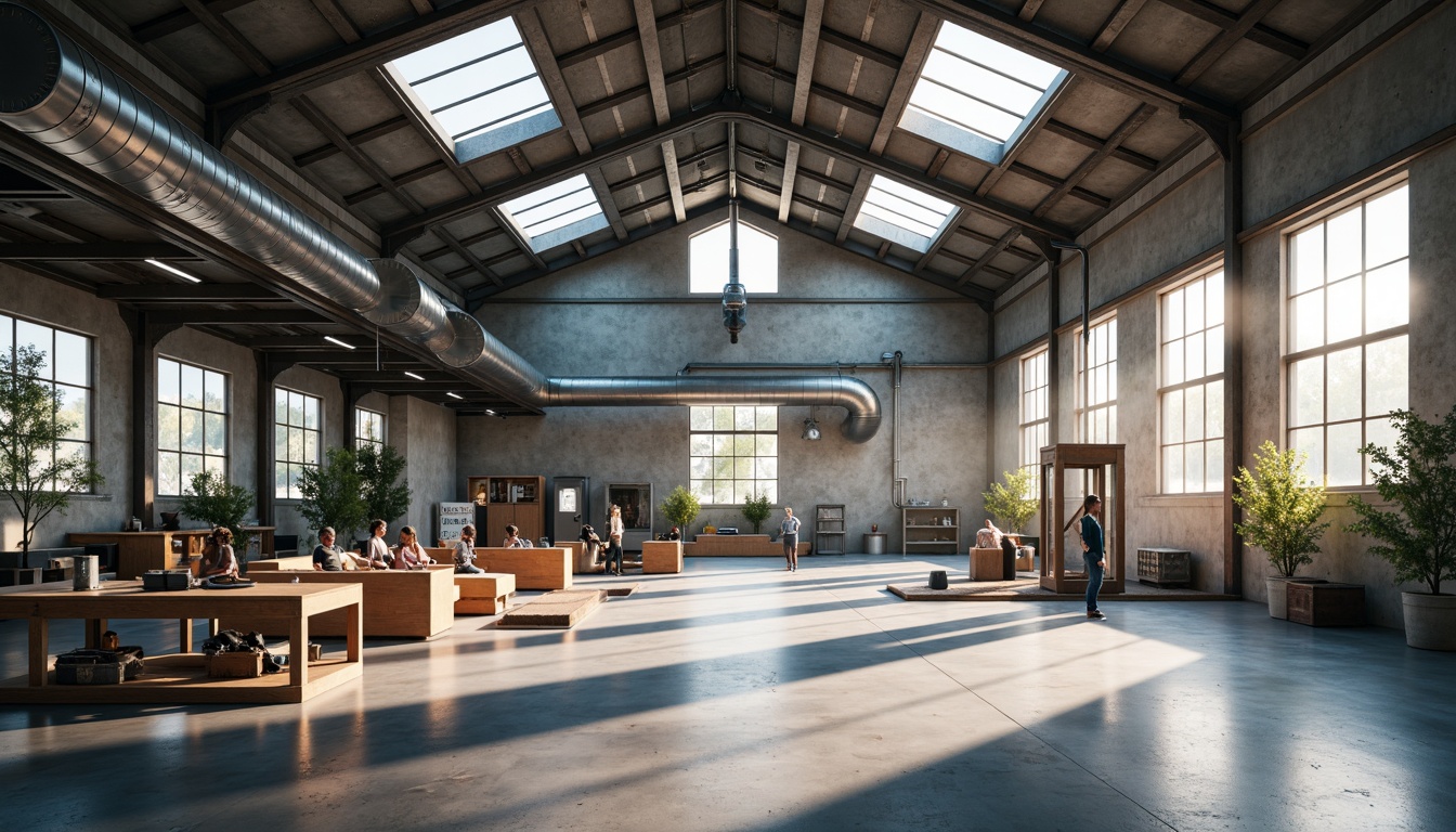 Prompt: Industrial factory setting, minimalist aesthetic, exposed ductwork, polished concrete floors, steel beams, large windows, clerestory windows, skylights, transparent roofs, natural light pouring in, soft warm glow, subtle shadows, industrial chic decor, reclaimed wood accents, metal machinery, functional simplicity, open floor plan, airy atmosphere, diffused lighting, 1/1 composition, realistic textures, ambient occlusion.