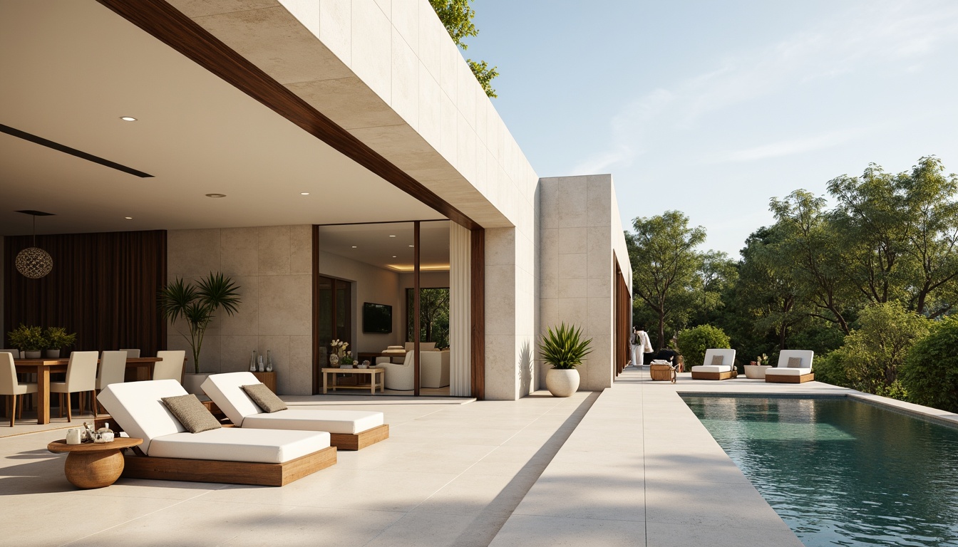 Prompt: Luxurious villa, modernist architecture, clean lines, minimal ornamentation, large windows, sliding glass doors, open-plan living spaces, high ceilings, polished concrete floors, warm beige walls, rich wood accents, sleek metal fixtures, subtle color palette, soft creamy whites, gentle grays, taupe undertones, earthy browns, muted blues, natural stone textures, lush greenery, serene outdoor spaces, sunny day, soft warm lighting, shallow depth of field, 3/4 composition, panoramic view, realistic textures, ambient occlusion.