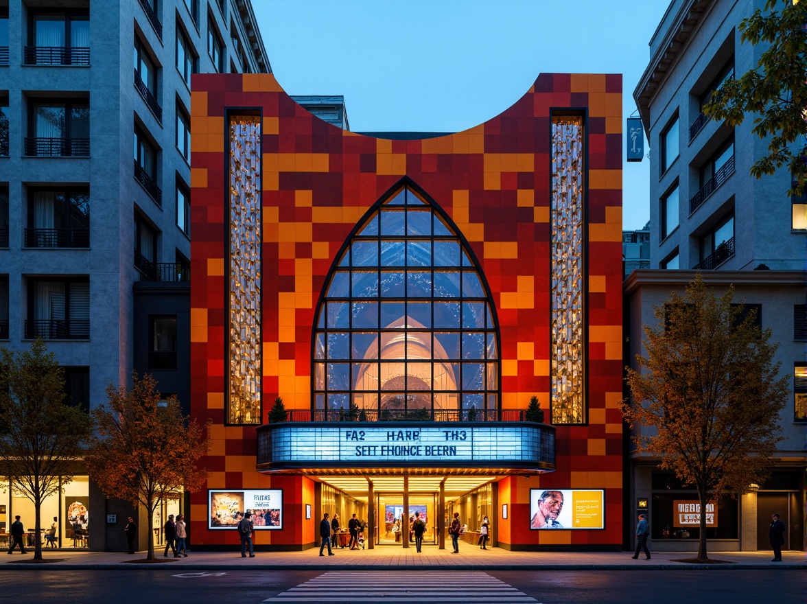 Prompt: Vibrant theater facade, constructivist architecture, geometric shapes, bold colors, abstract patterns, metallic materials, industrial textures, dramatic lighting, urban cityscape, evening atmosphere, warm golden illumination, shallow depth of field, 1/1 composition, symmetrical framing, ornate details, avant-garde design, futuristic elements, dynamic forms, kinetic sculptures, LED light installations, neon signs, artistic murals.