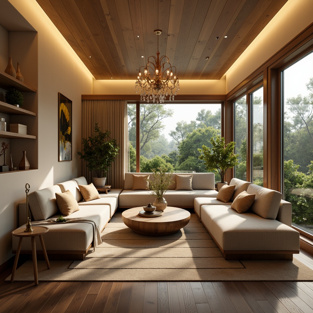 Prompt: Cozy living room, plush sofas, warm beige walls, rich wood flooring, soft golden lighting, comfortable throw pillows, modern minimalist decor, large windows, natural daylight, lush greenery views, elegant chandeliers, sophisticated color palette, calming atmosphere, shallow depth of field, 1/1 composition, realistic textures, ambient occlusion.