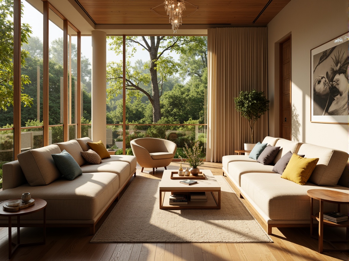 Prompt: Cozy living room, plush sofas, warm beige walls, rich wood flooring, soft golden lighting, comfortable throw pillows, modern minimalist decor, large windows, natural daylight, lush greenery views, elegant chandeliers, sophisticated color palette, calming atmosphere, shallow depth of field, 1/1 composition, realistic textures, ambient occlusion.