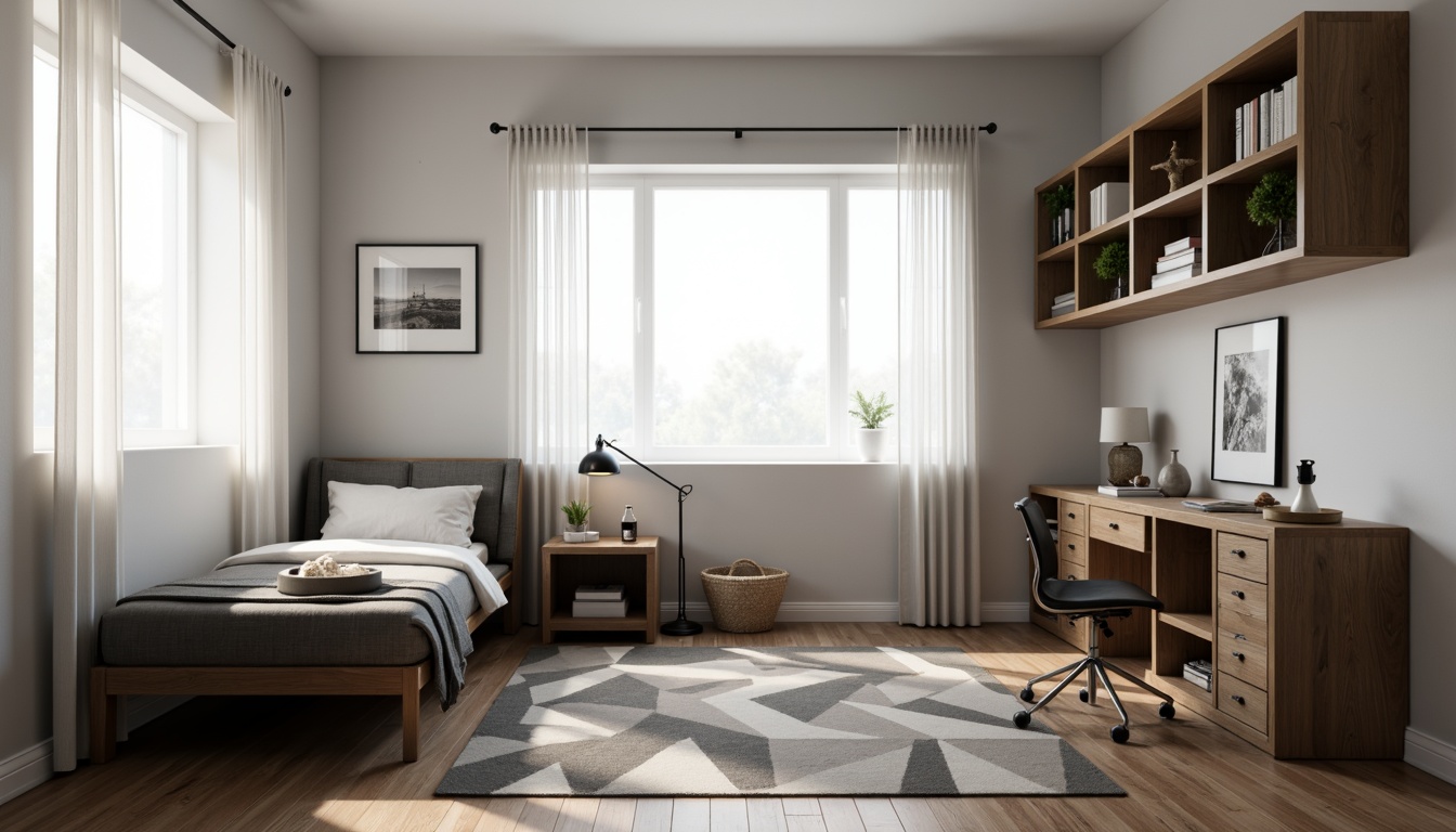 Prompt: Simple dorm room, minimal decor, monochromatic color scheme, sleek metal furniture, compact storage units, clutter-free space, natural light pouring in, sheer white curtains, wooden flooring, geometric-shaped rug, modern desk lamp, ergonomic chair, built-in shelves, industrial-chic accents, calm atmosphere, soft warm lighting, shallow depth of field, 1/1 composition, realistic textures, ambient occlusion.