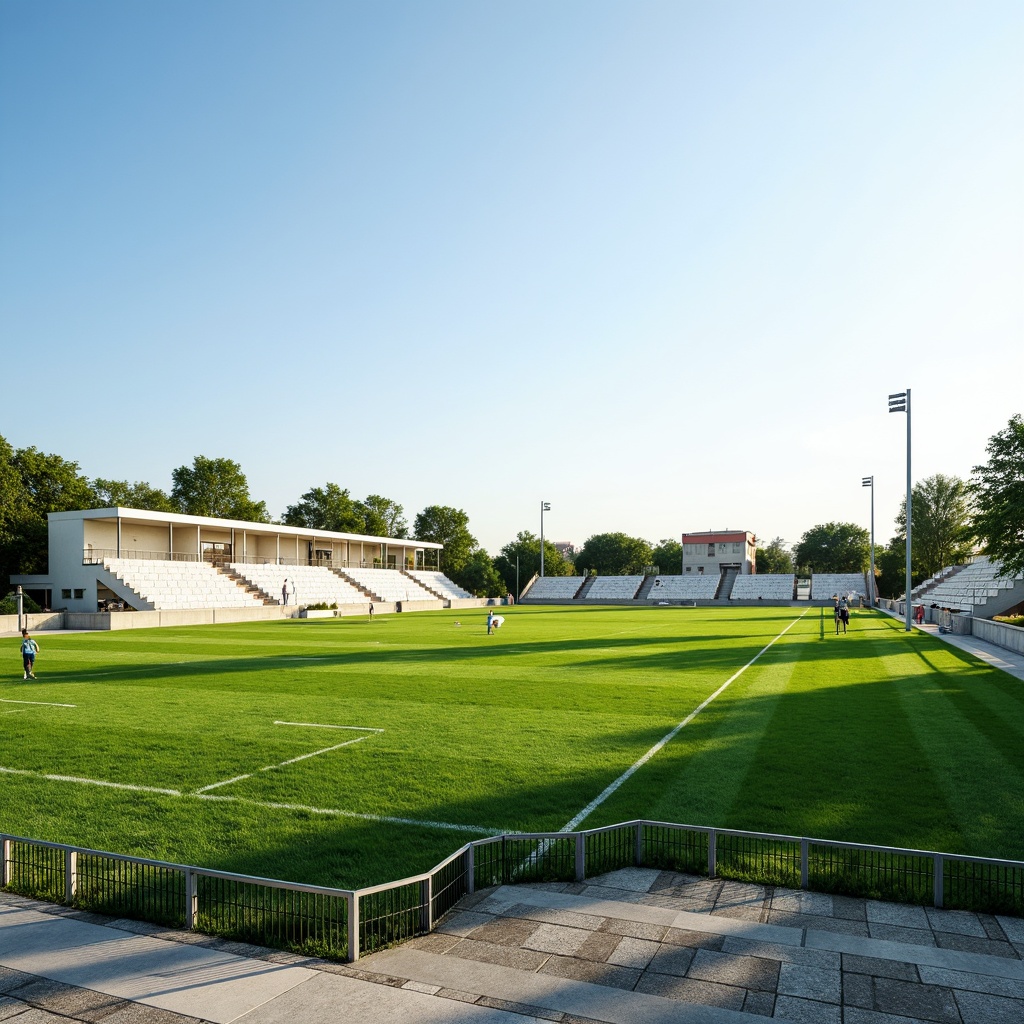 Prompt: Simple sports field, lush green grass, white goalposts, minimalist bleachers, clean lines, modernist architecture, sleek metal fences, natural stone pathways, sparse trees, clear blue sky, warm sunny day, soft diffused lighting, shallow depth of field, 3/4 composition, panoramic view, realistic textures, ambient occlusion.