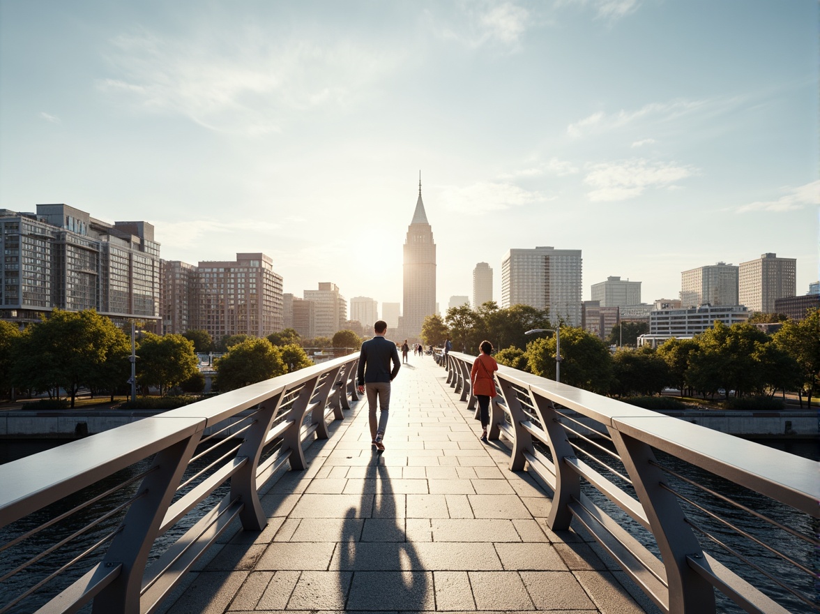 Prompt: Pedestrian bridge, sleek modern design, stainless steel railings, horizontal bars, rounded edges, safety features, anti-slip coatings, urban landscape, city skyline, sunny day, soft warm lighting, shallow depth of field, 3/4 composition, panoramic view, realistic textures, ambient occlusion.