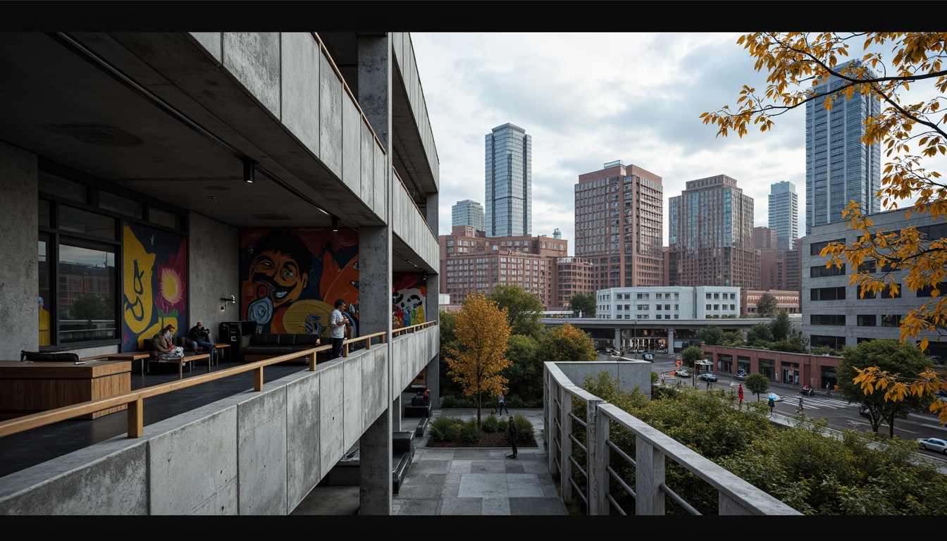 Prompt: Industrial urban landscape, brutalist architecture, exposed concrete walls, steel beams, minimalist decor, monochromatic color scheme, bold accent colors, vibrant street art, graffiti murals, urban textures, distressed finishes, reclaimed wood accents, industrial lighting fixtures, metal railings, cityscape views, cloudy skies, dramatic shadows, high contrast ratio, 1/2 composition, cinematic mood, gritty realism.