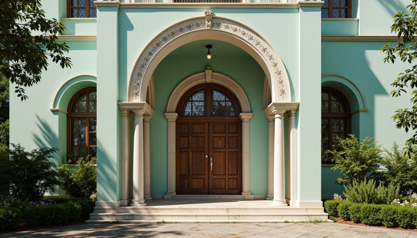 Prompt: Mint-colored church facade, ornate stone carvings, smooth marble columns, rustic wooden doors, stained glass windows, intricate Gothic arches, soft natural lighting, subtle shadows, creamy white accents, delicate filigree patterns, weathered copper roofing, lush greenery surroundings, serene atmosphere, warm sunny day, shallow depth of field, 1/2 composition, realistic textures, ambient occlusion.