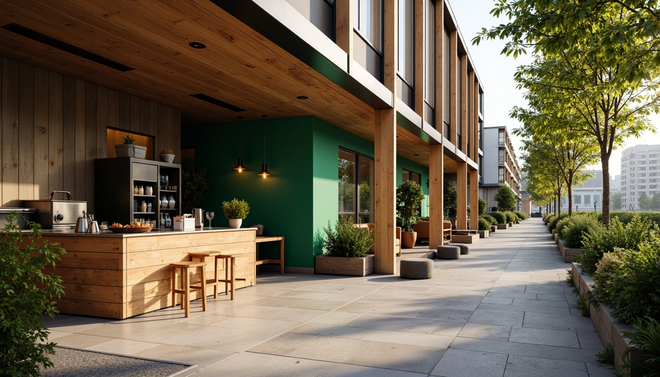 Prompt: Cozy coffee shop, warm wooden facade, large glass windows, rustic metal doors, vibrant green walls, modern social housing, minimalist architecture, clean lines, neutral color palette, natural stone flooring, reclaimed wood accents, industrial lighting fixtures, comfortable outdoor seating, lush greenery, urban cityscape, morning sunlight, soft warm lighting, shallow depth of field, 1/1 composition, realistic textures, ambient occlusion.