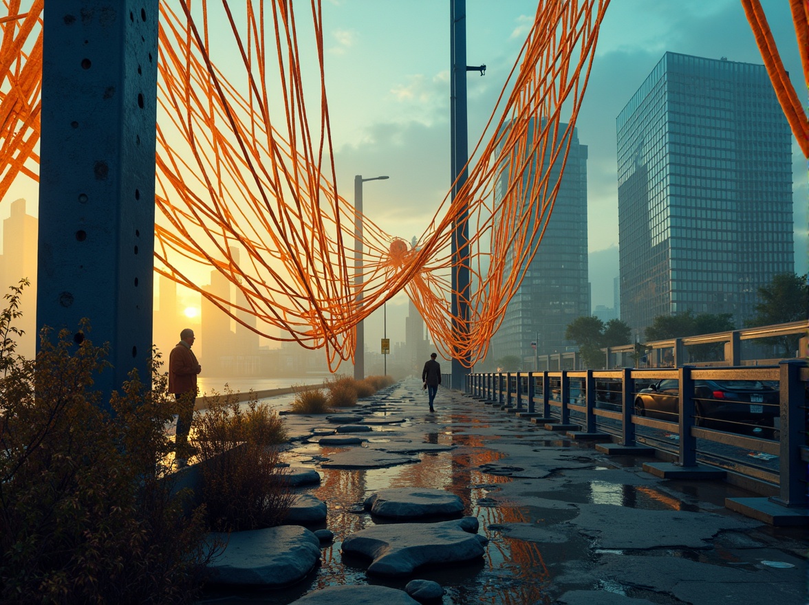 Prompt: Vibrant orange suspension cables, deep blue steel beams, warm golden lighting, misty atmospheric effects, rugged stone piers, dynamic angular shapes, bold geometric patterns, expressive brushstroke textures, moody twilight ambiance, dramatic shadows, high contrast color palette, abstract expressionist style, futuristic urban landscape, bustling cityscape, fast-paced traffic flow, blurred motion effects, cinematic composition, 2.5D perspective, atmospheric depth cues, stylized architectural details.