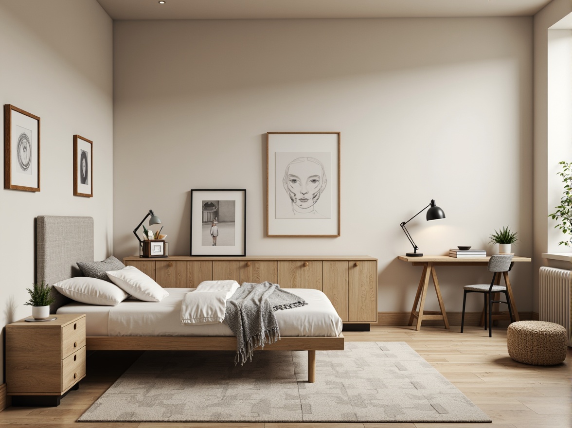 Prompt: Monochromatic dorm room, minimalist decor, soft beige walls, light wood furniture, simple bed frame, crisp white bedding, subtle gray accents, industrial metal lamps, natural fiber rugs, calm atmosphere, warm softbox lighting, shallow depth of field, 1/1 composition, realistic textures, ambient occlusion.