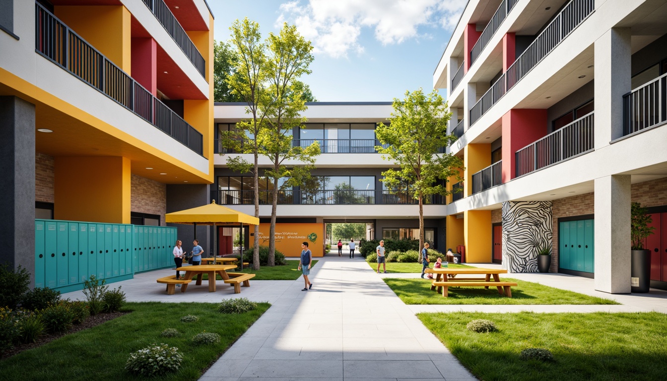 Prompt: Vibrant middle school building, bold color palette, modernist architecture, geometric shapes, clean lines, minimal ornamentation, functional design, open floor plans, natural light, clerestory windows, exposed ductwork, industrial chic, polished concrete floors, bright accent walls, turquoise lockers, yellow cafeteria tables, green outdoor spaces, abstract murals, graphic patterns, dynamic typography, energetic atmosphere, warm afternoon lighting, shallow depth of field, 2/3 composition, symmetrical framing.