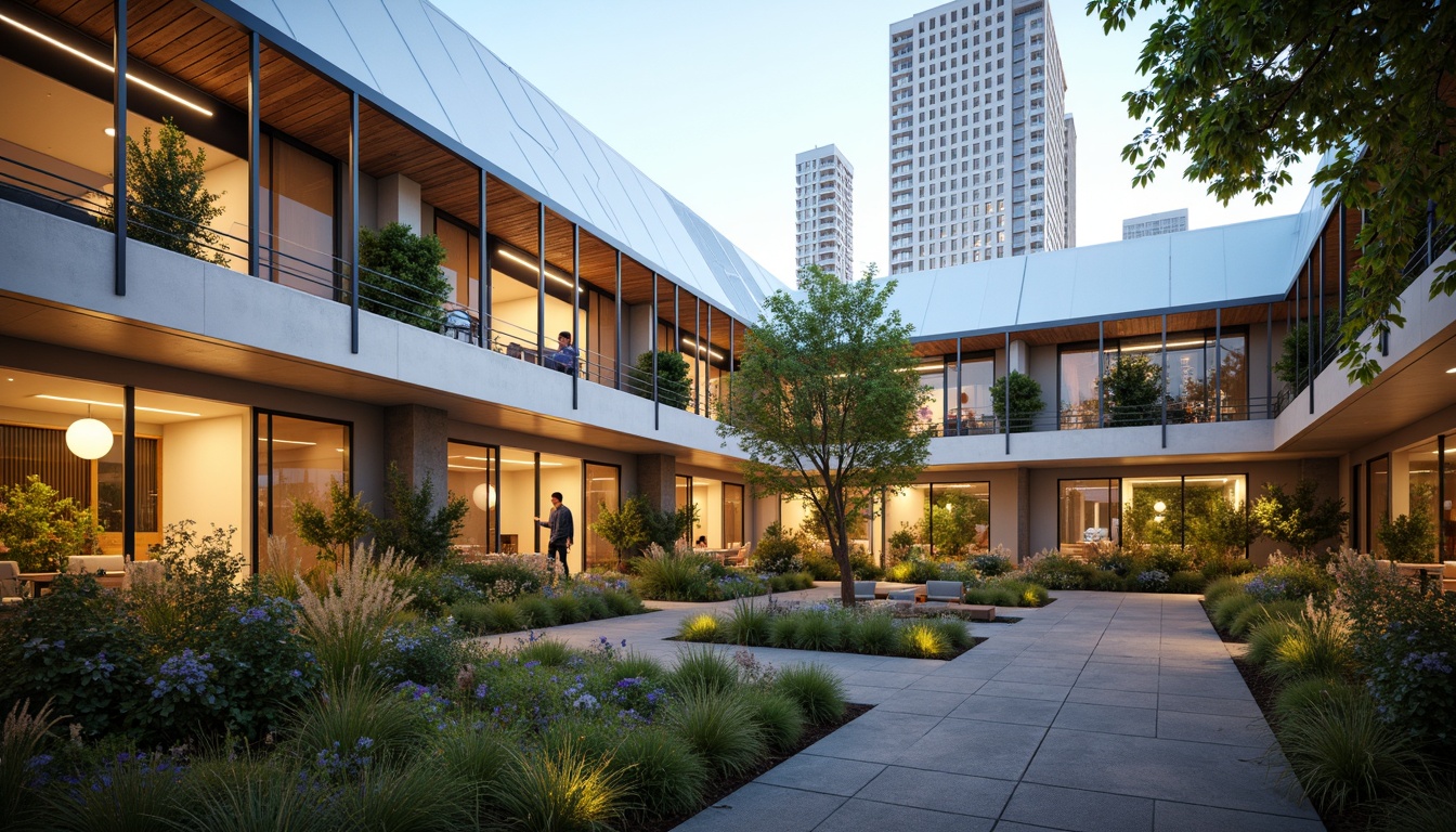 Prompt: Eco-friendly dormitory, polycarbonate walls, translucent roofing, natural ventilation, energy-efficient lighting, minimalist decor, recycled furniture, greenery-filled balconies, urban cityscape views, modern architecture, sleek lines, industrial chic aesthetic, soft warm glow, shallow depth of field, 1/1 composition, realistic textures, ambient occlusion.