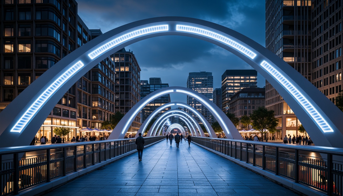 Prompt: Futuristic pedestrian bridge, sleek metal arches, LED lighting strips, glass floors, stainless steel railings, minimalist design, modern urban landscape, city skyline, busy streets, vibrant nightlife, neon lights, misty atmosphere, shallow depth of field, 1/1 composition, low-angle shot, dramatic shadows, realistic reflections, ambient occlusion.