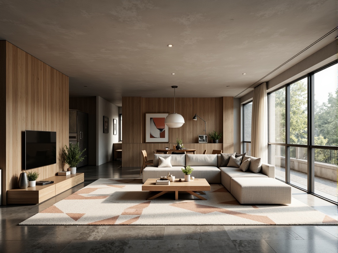 Prompt: Modern minimalist living room, sleek low-profile furniture, neutral color palette, polished concrete floors, floor-to-ceiling windows, natural light pouring in, functional storage units, multi-functional coffee table, comfortable sectional sofa, geometric patterned rug, ambient warm lighting, 1/1 composition, shallow depth of field, realistic textures.