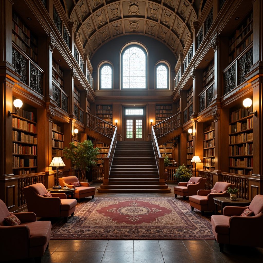 Prompt: Grand library facade, ornate stone carvings, intricately designed arches, stained glass windows, majestic entrance doors, sweeping staircases, warm golden lighting, rich wood paneling, plush velvet furnishings, vintage bookshelves, classic reading lamps, soft misty atmosphere, shallow depth of field, 1/1 composition, symmetrical framing, warm color palette, subtle texture details, ambient occlusion.