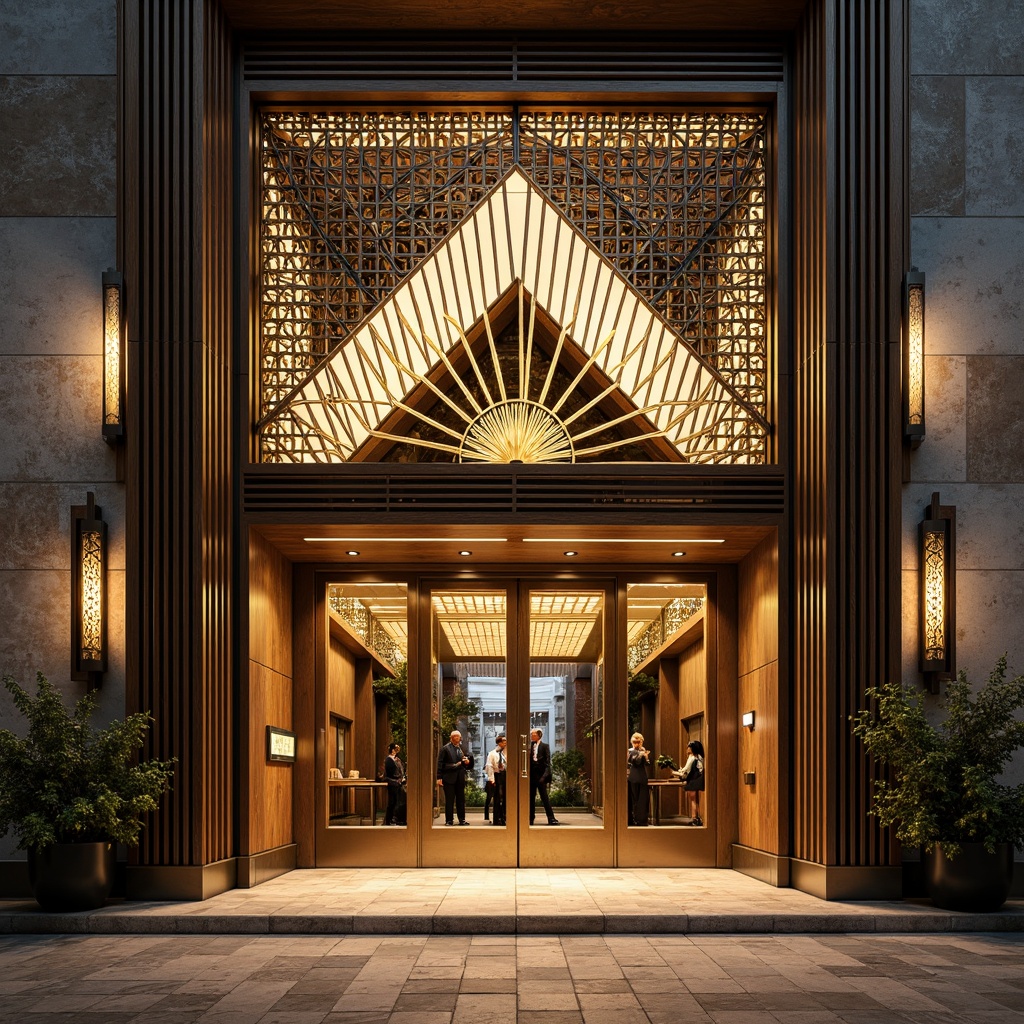 Prompt: Geometric Art Deco facade, ornate metalwork, zigzag patterns, chevron motifs, luxurious materials, polished marble, chrome accents, symmetrical composition, grand entrance, ornamental doors, stylized typography, vintage industrial elements, exposed ductwork, metallic latticework, sunburst designs, bold color schemes, warm golden lighting, shallow depth of field, 1/1 composition, realistic textures, ambient occlusion.