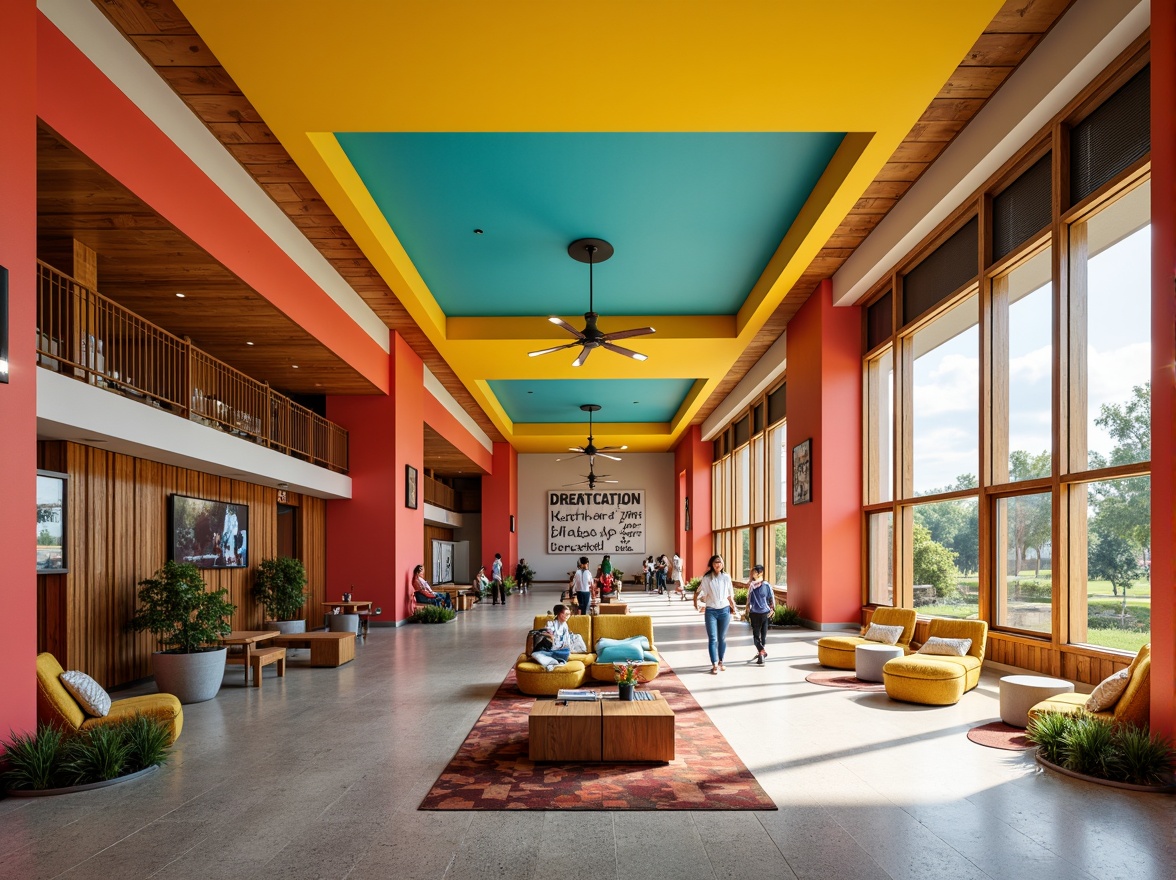 Prompt: Vibrant student hall, bold expressionist architecture, bright coral walls, turquoise accents, sunny yellow ceilings, rich wood tones, eclectic furniture, abstract art pieces, geometric patterns, dynamic lighting, warm cozy atmosphere, relaxed seating areas, modern amenities, collaborative workspaces, inspirational quotes, natural textiles, earthy tones, organic shapes, playful color blocking, 1/1 composition, soft focus, atmospheric perspective.