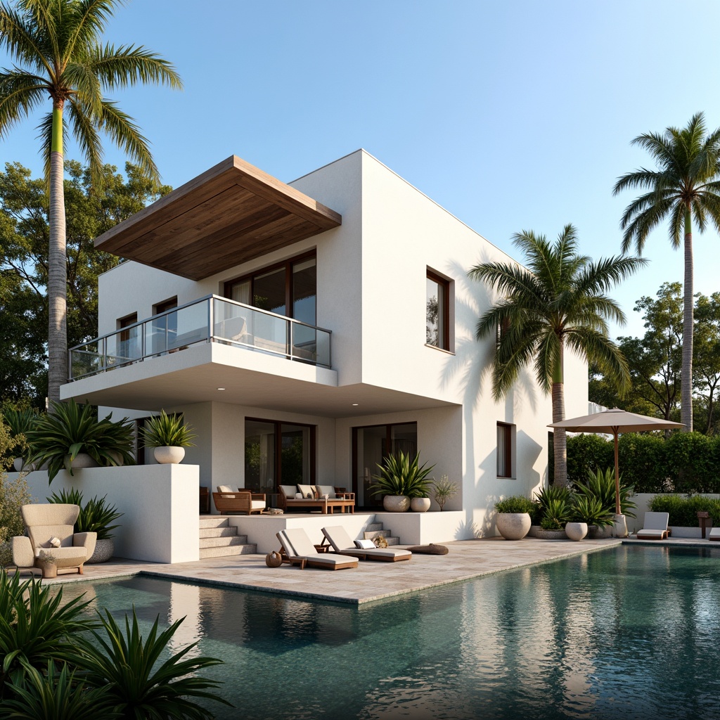 Prompt: Luxurious villa, modernist facade, clean lines, minimal ornamentation, large windows, sliding glass doors, white stucco walls, flat roofs, cantilevered balconies, steel railings, lush greenery, tropical plants, palm trees, sunny day, soft warm lighting, shallow depth of field, 3/4 composition, panoramic view, realistic textures, ambient occlusion.