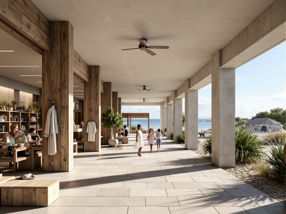 Prompt: Sleek coastal shopping center, minimalist architecture, clean lines, neutral tones, weathered wood accents, driftwood decorations, sea salt air, ocean views, sandy dunes, beachy vibe, natural stone flooring, reclaimed wood benches, nautical ropes, subtle lighting, soft ocean breeze, shallow depth of field, 1/1 composition, panoramic view, realistic textures, ambient occlusion.