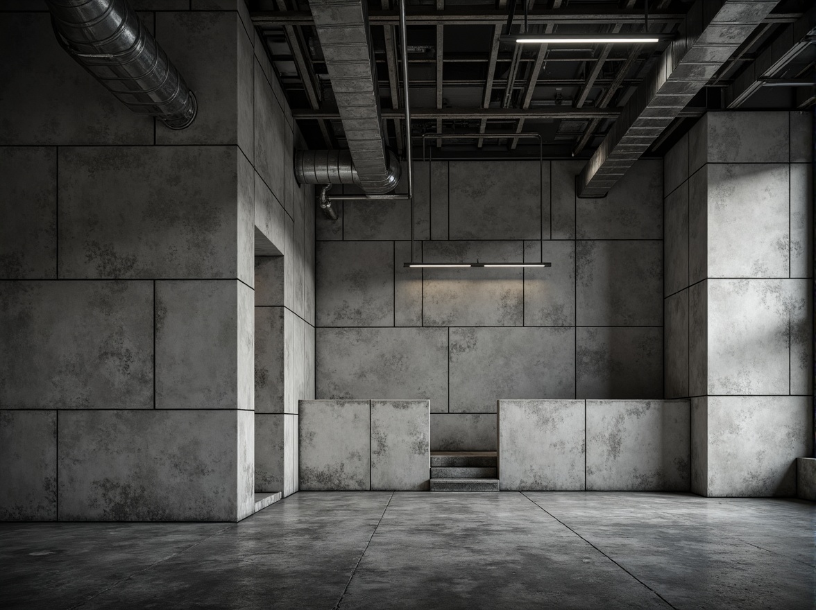 Prompt: Industrial concrete walls, exposed ductwork, metallic beams, urban cityscape, modern brutalist architecture, raw unfinished surfaces, monochromatic color palette, dramatic shadows, high-contrast lighting, abstract geometric patterns, rough tactile textures, poured concrete floors, minimalist decor, functional simplicity, utilitarian aesthetic, cold atmospheric ambiance, cinematic composition, low-angle shot, gritty realistic rendering.