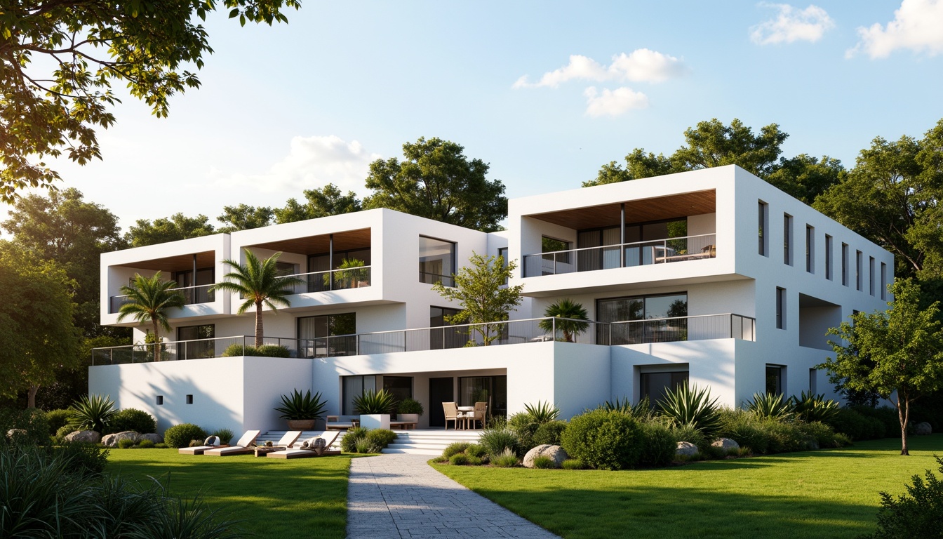 Prompt: Luxurious villa, modernist facade, clean lines, minimal ornamentation, large windows, sliding glass doors, white stucco walls, flat roofs, cantilevered balconies, steel railings, lush greenery, tropical plants, palm trees, sunny day, soft warm lighting, shallow depth of field, 3/4 composition, panoramic view, realistic textures, ambient occlusion.