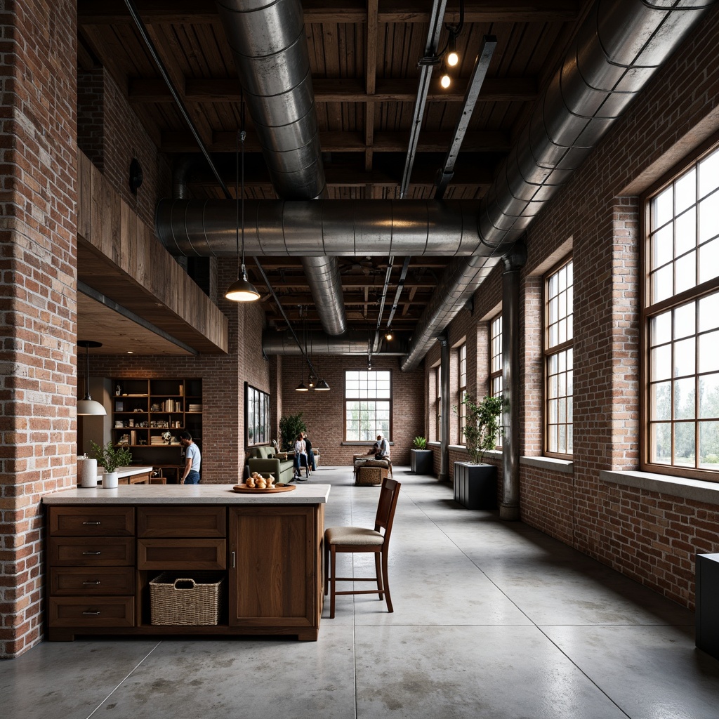 Prompt: Industrial factory setting, exposed brick walls, metal beams, concrete floors, minimalist decor, functional lighting, textured surfaces, distressed wood accents, rusty metal details, urban atmosphere, soft natural light, shallow depth of field, 1/1 composition, realistic materials, ambient occlusion.