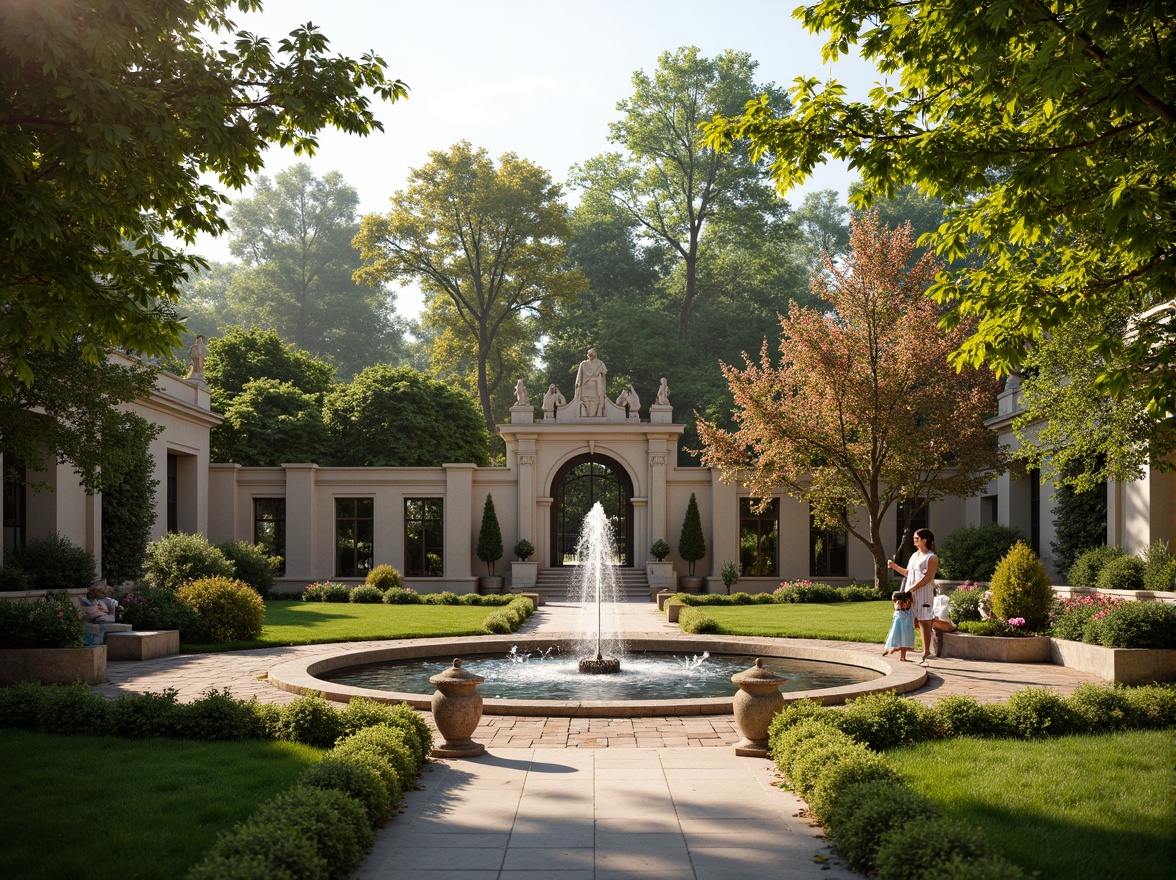 Prompt: Manicured lawn, ornate fountains, symmetrical pathways, majestic trees, blooming flowers, elegant statues, grand entrance gates, rustic stone walls, refined hedges, classical columns, ornamental urns, soft natural lighting, warm afternoon sun, shallow depth of field, 2/3 composition, serene atmosphere, realistic textures, ambient occlusion.