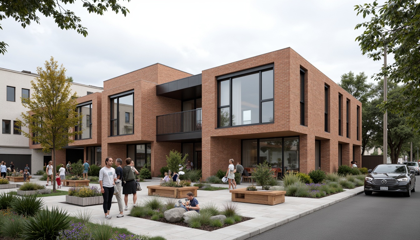 Prompt: Rustic community center, Bauhaus-inspired facade, rectangular forms, clean lines, industrial materials, exposed brick walls, steel beams, large windows, minimalist ornamentation, functional simplicity, earthy color palette, natural textures, communal outdoor spaces, vibrant street art, urban landscape, cloudy day, soft diffused lighting, shallow depth of field, 2/3 composition, realistic rendering.