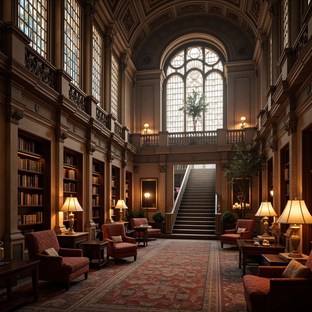 Prompt: Grand library facade, ornate stone carvings, intricately designed arches, stained glass windows, majestic entrance doors, sweeping staircases, warm golden lighting, rich wood paneling, plush velvet furnishings, vintage bookshelves, classic reading lamps, soft misty atmosphere, shallow depth of field, 1/1 composition, symmetrical framing, warm color palette, subtle texture details, ambient occlusion.