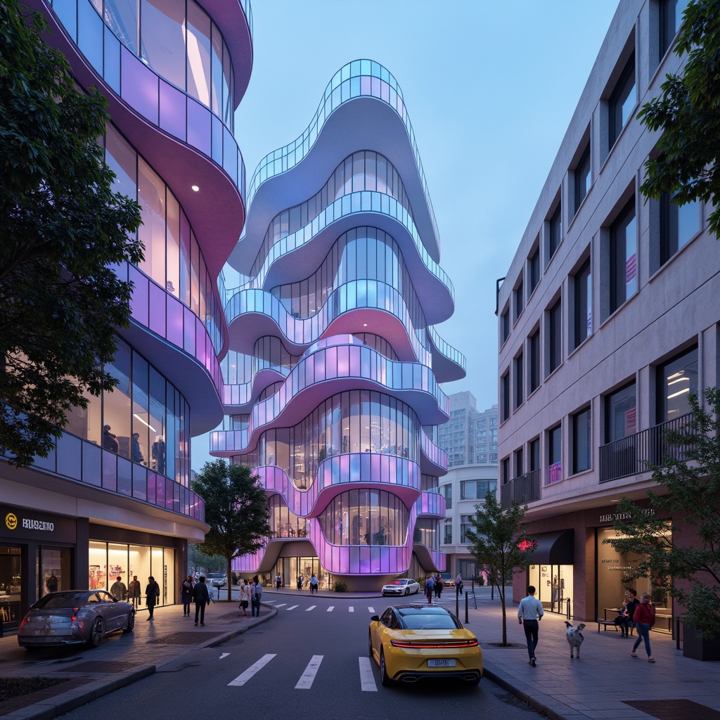 Prompt: Organic blob-shaped buildings, futuristic facade design, iridescent colors, glossy finishes, undulating curves, parametric architecture, algorithmic patterns, LED lighting installations, neon accents, translucent materials, 3D-printed components, cantilevered structures, asymmetrical compositions, abstract shapes, sci-fi ambiance, misty atmosphere, soft focus, shallow depth of field, 1/1 composition, cinematic view.