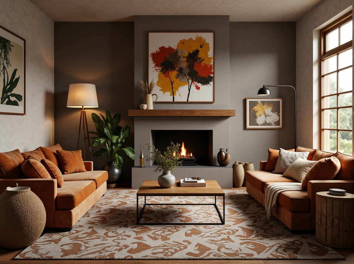 Prompt: Mid-century modern living room, plush velvet sofas, geometric patterned rugs, minimalist coffee tables, industrial metal lamps, abstract artwork, natural fiber textiles, woven baskets, organic shapes, earthy color palette, warm ambient lighting, shallow depth of field, 1/1 composition, soft focus, realistic fabrics, subtle texture details.