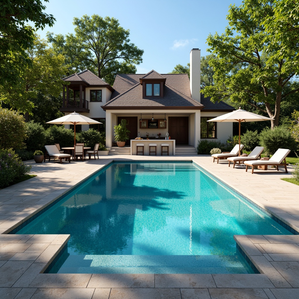 Prompt: Luxurious backyard oasis, sparkling blue water, sun-kissed deck, comfortable lounge chairs, refreshing poolside bar, natural stone coping, sleek fiberglass pool shell, durable concrete pavers, vibrant turquoise tile accents, modern LED lighting, warm ambiance, shallow depth of field, 1/1 composition, realistic textures, ambient occlusion.